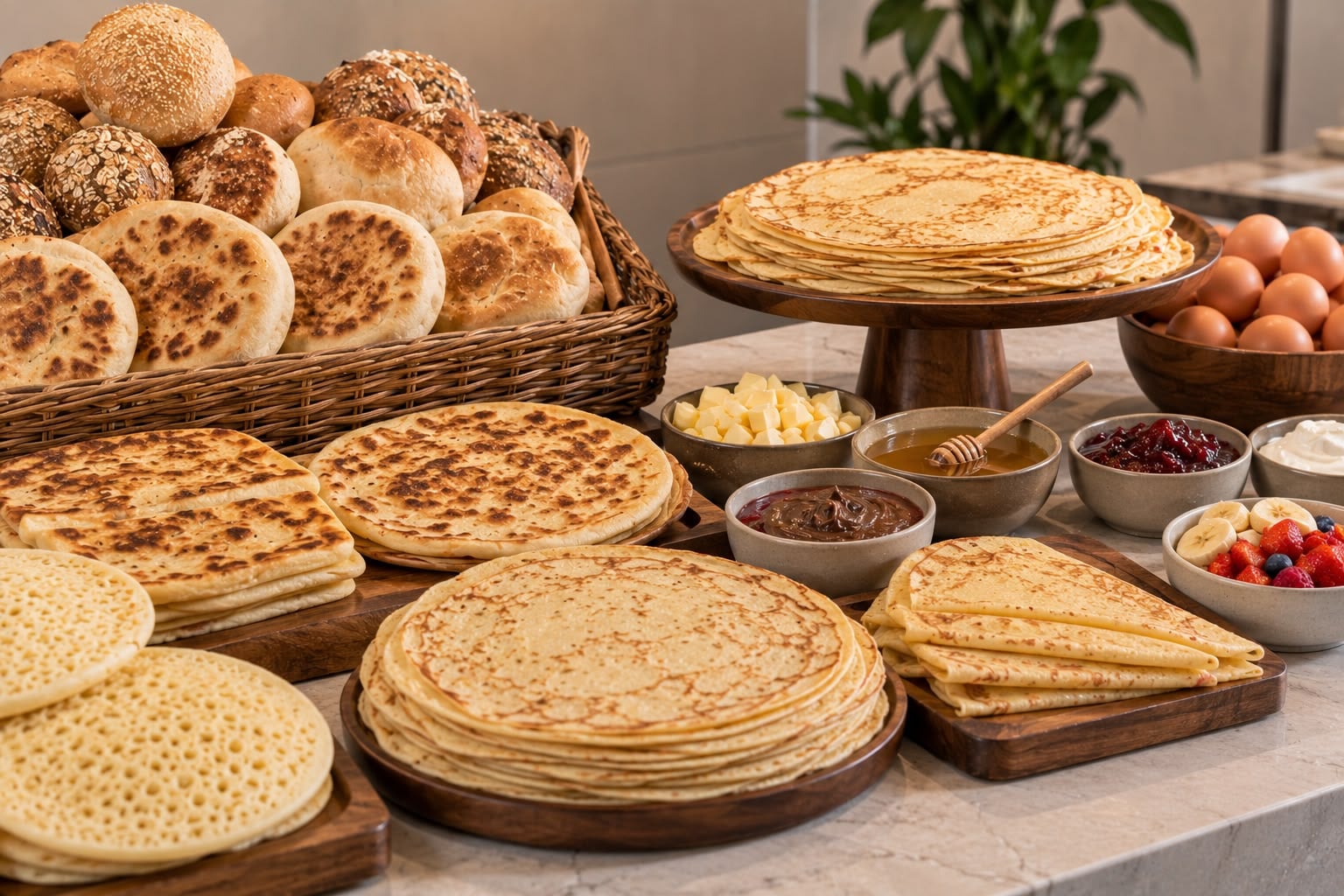 Brunch marocain : msemen, crêpes, baghrir et pains servis en villa à Marrakech