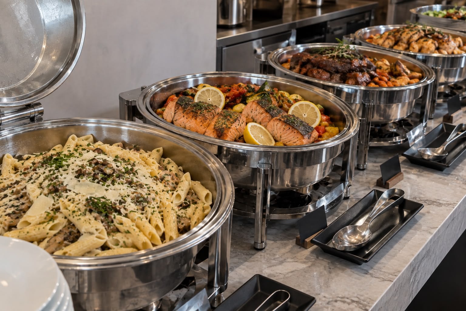 Buffet chaud en chafing dish, pâtes et saumon, pour une réception à Marrakech