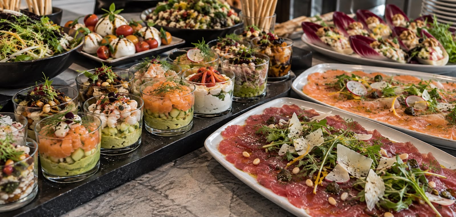 Buffet de salades, verrines et carpaccio pour une réception à Marrakech