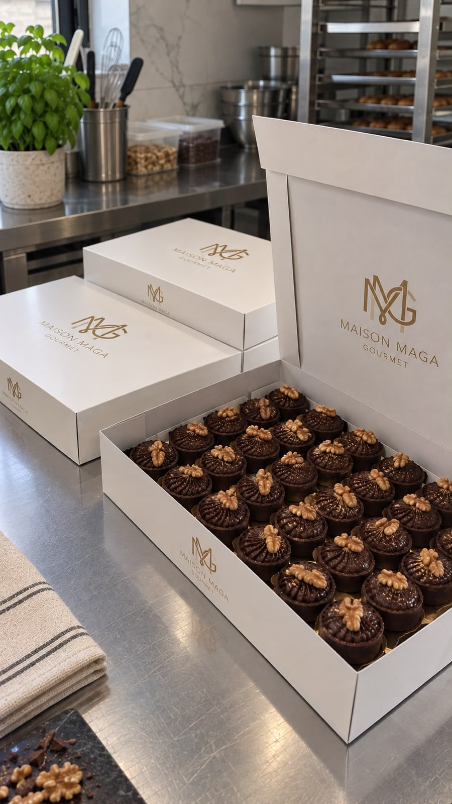 Coffrets de mignardises Maison Maga Gourmet préparés dans le laboratoire de Marrakech pour des cadeaux d'entreprise