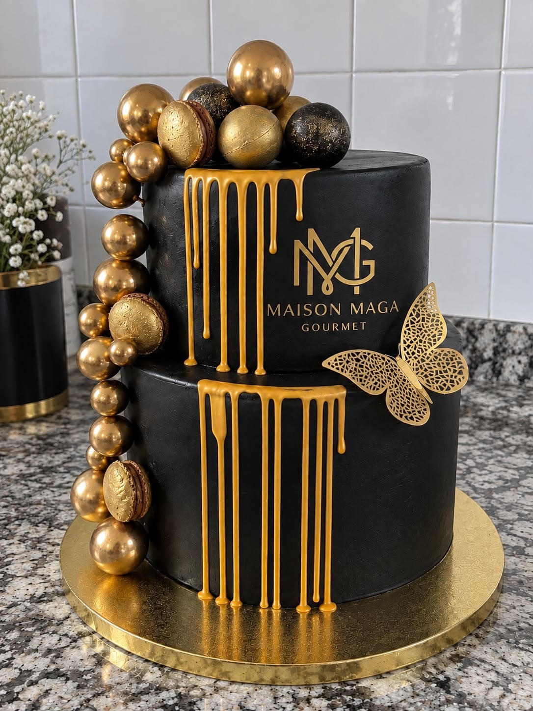Gâteau d'anniversaire noir et or à deux étages, coulée dorée et sphères, Maison Maga Gourmet Marrakech