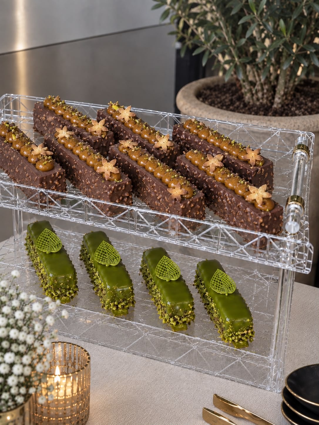 Mignardises chocolat et pistache présentées sur un présentoir transparent pour une sweet table à Marrakech