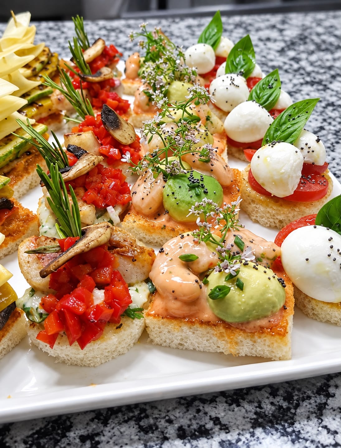 Tartines tomate, mozzarella et crevettes pour un cocktail à Marrakech