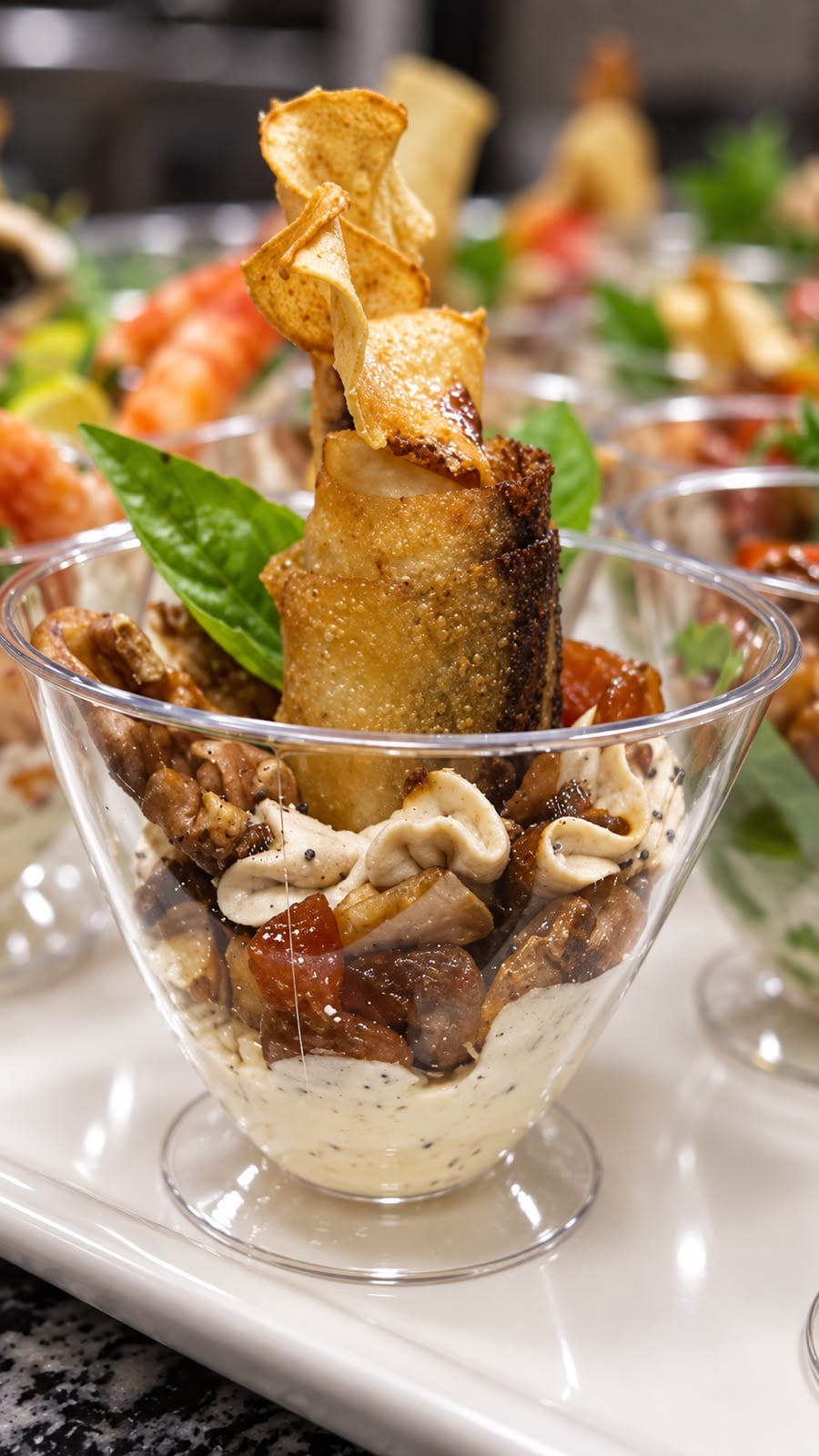 Verrine au rouleau croustillant et noix, pièce cocktail Maison Maga Gourmet