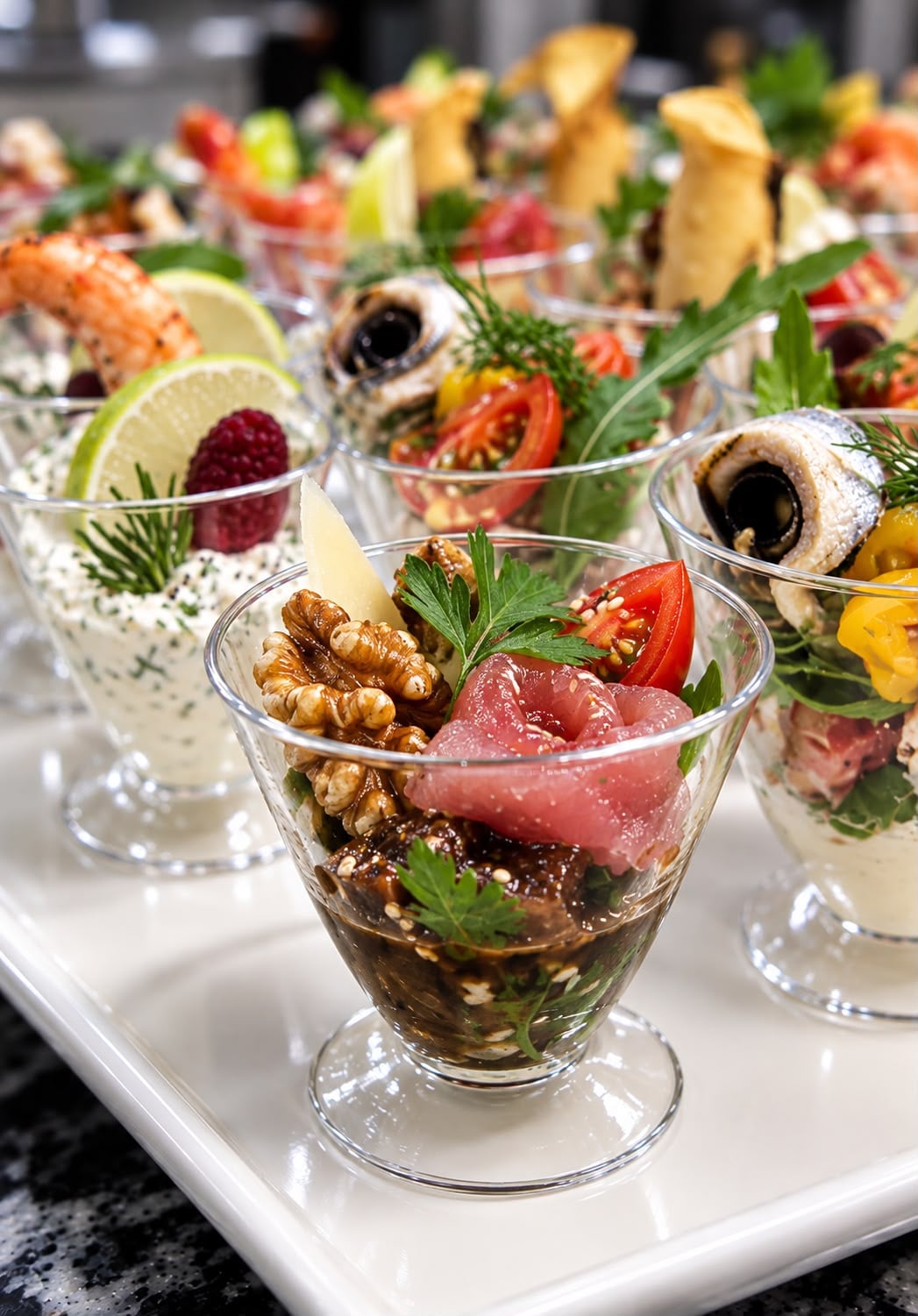 Verrines gourmandes aux crevettes, tomates cerises et herbes fraîches pour un cocktail à Marrakech