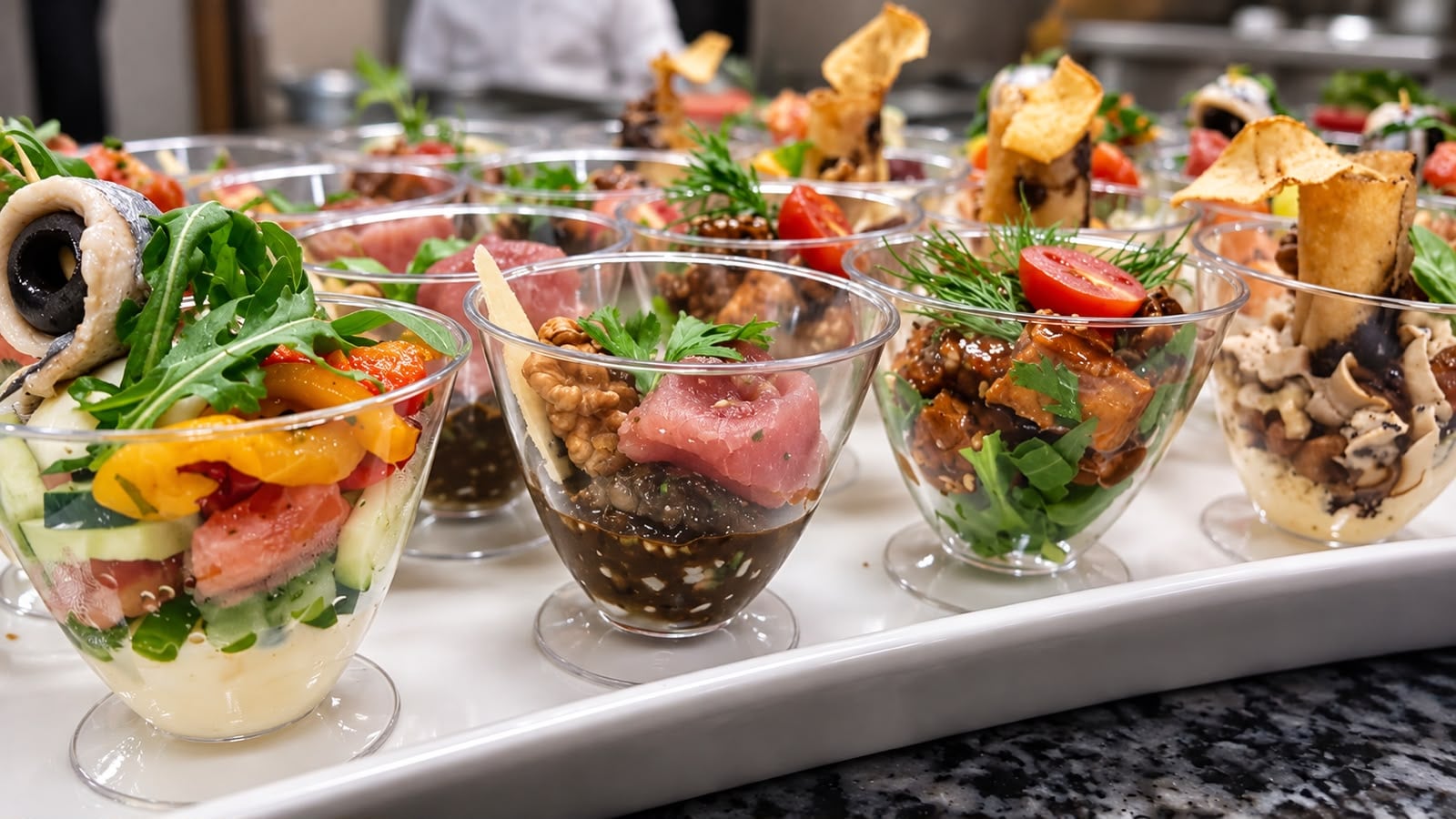 Plateau de verrines salées dressées pour un buffet cocktail à Marrakech