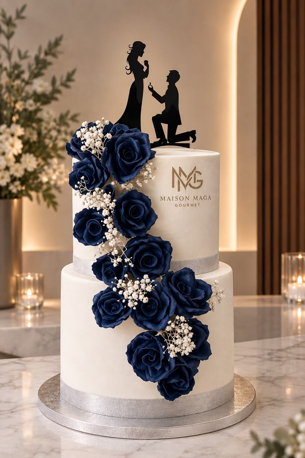 Wedding cake blanc à deux étages, roses bleu marine et silhouette de demande en mariage, Marrakech